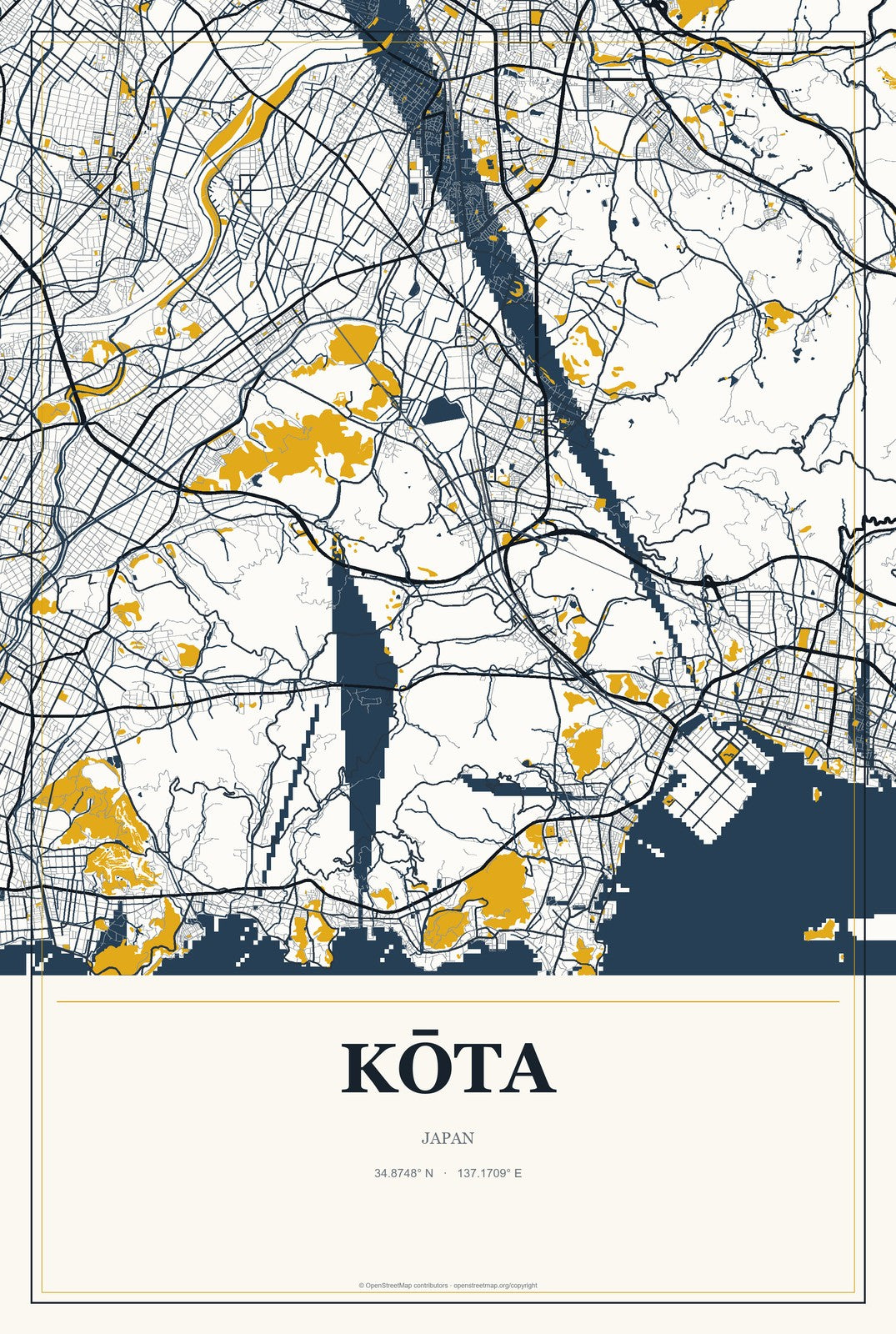 Kōta, Japan City Map Aluminum Sign in Citrine Modern style