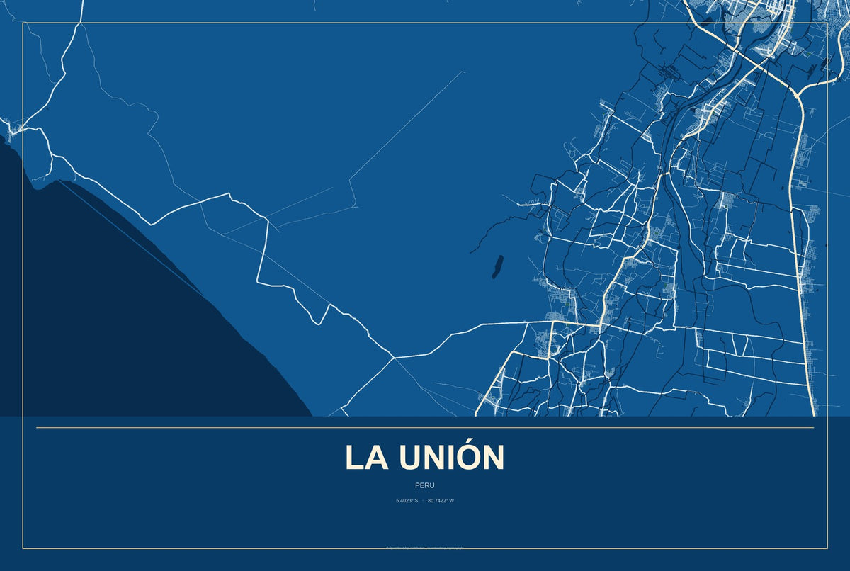 La Unión, Peru City Map Aluminum Sign in Harbor Cobalt style