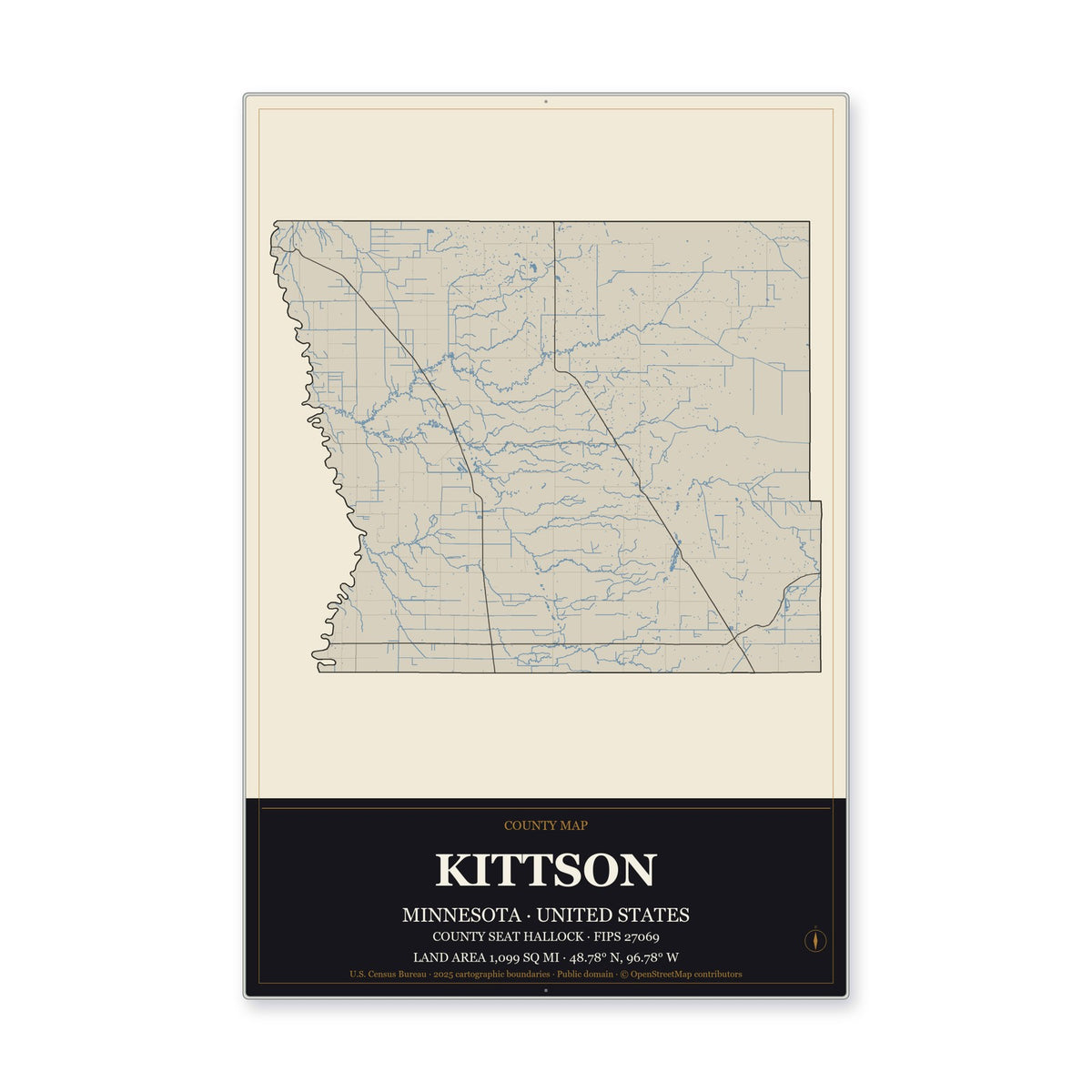 Kittson County, Minnesota Map Aluminum Sign in Museum Plaque style