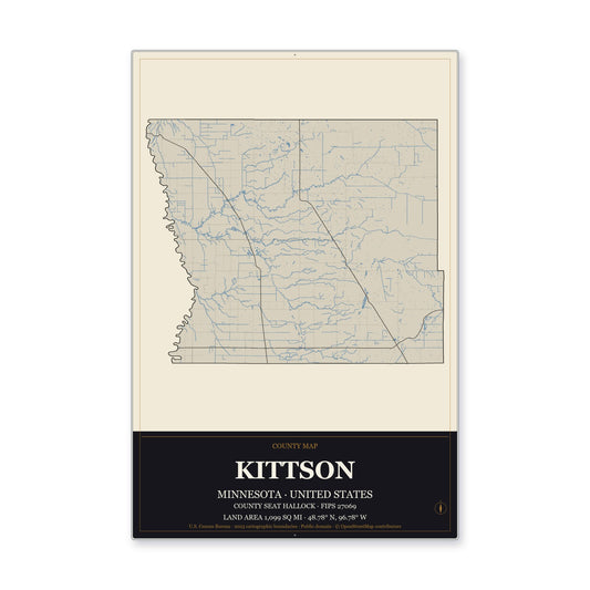 Kittson County, Minnesota Map Aluminum Sign in Museum Plaque style