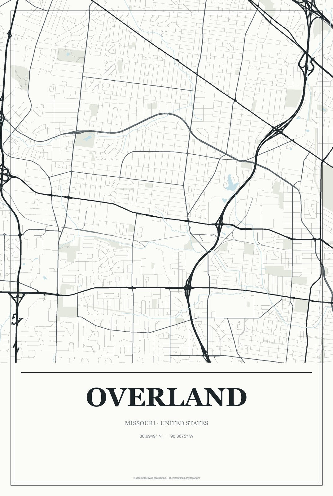Overland, Missouri City Map Aluminum Sign in Gallery Air style