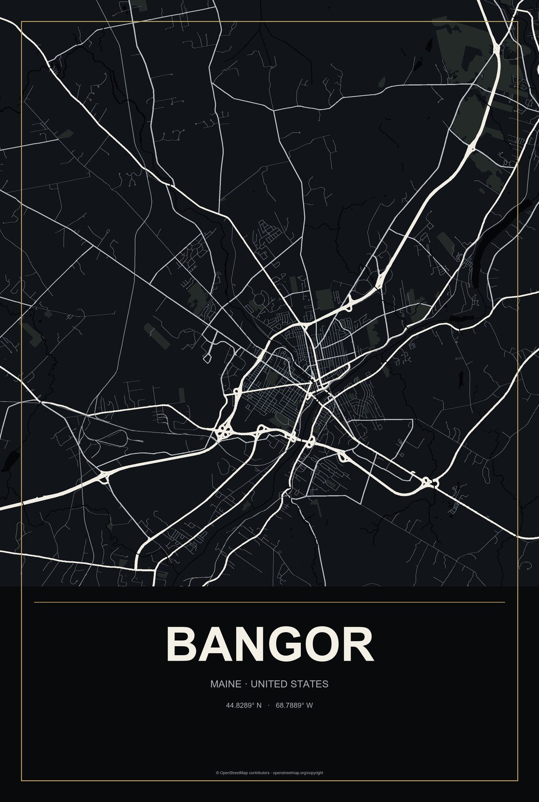 Bangor, Maine City Map Aluminum Sign in Metropolitan Noir style