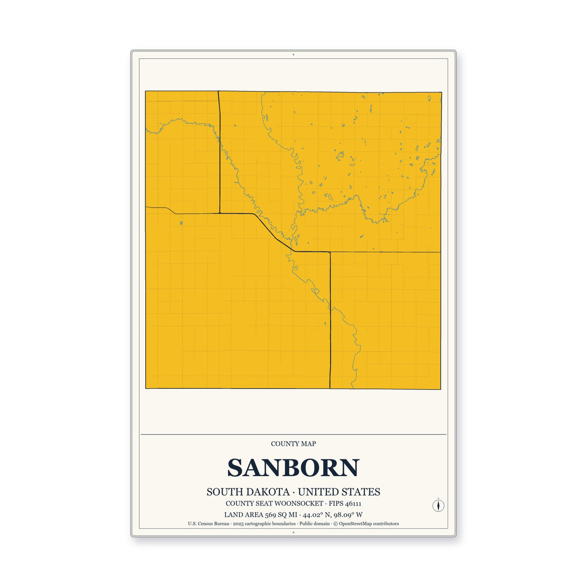 Sanborn County, South Dakota Map Aluminum Sign in Citrine Modern style