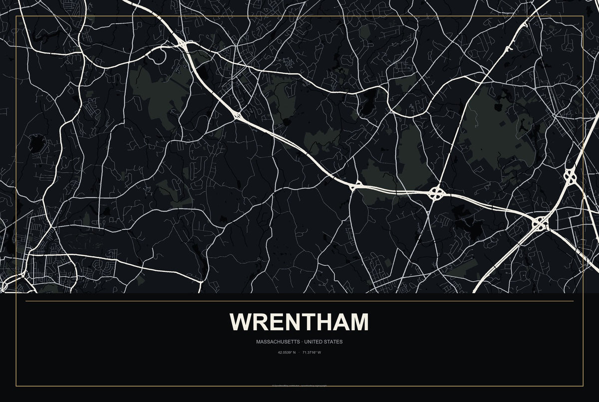 Wrentham, Massachusetts City Map Aluminum Sign in Metropolitan Noir style