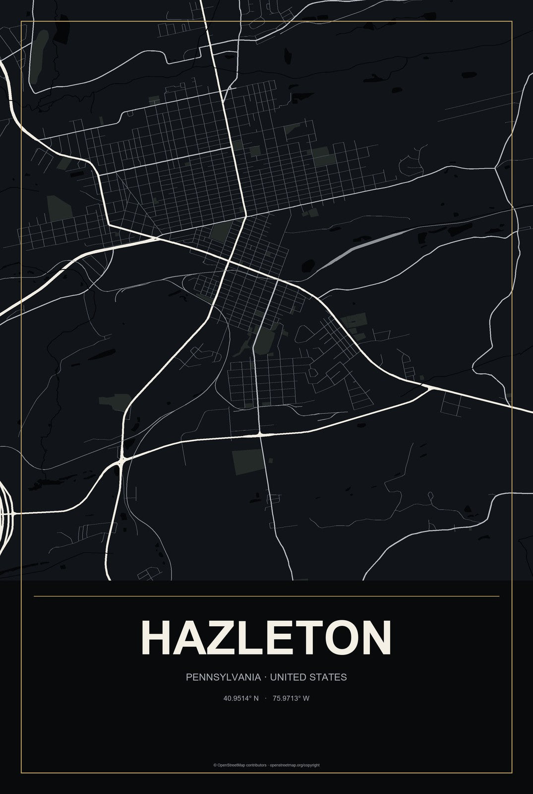 Hazleton, Pennsylvania City Map Aluminum Sign in Metropolitan Noir style