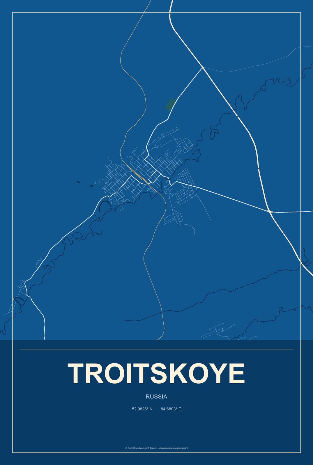 Troitskoye, Altai Krai, Russia City Map Aluminum Sign in Harbor Cobalt style