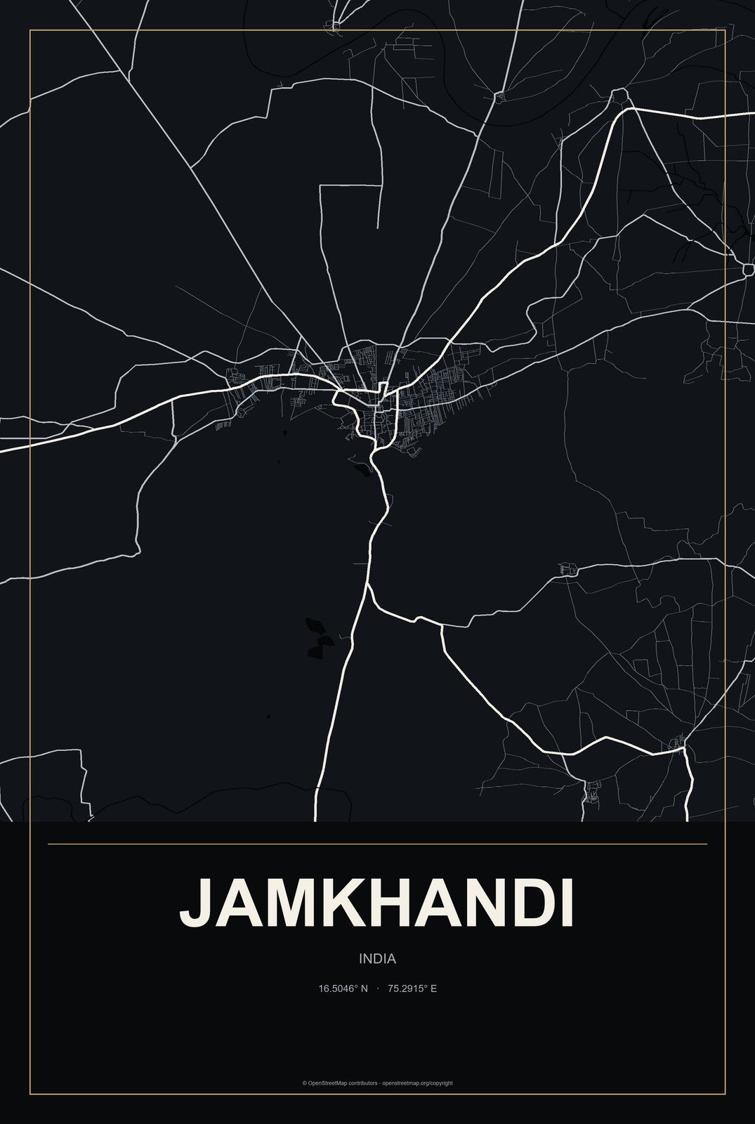 Jamkhandi, India City Map Aluminum Sign in Metropolitan Noir style