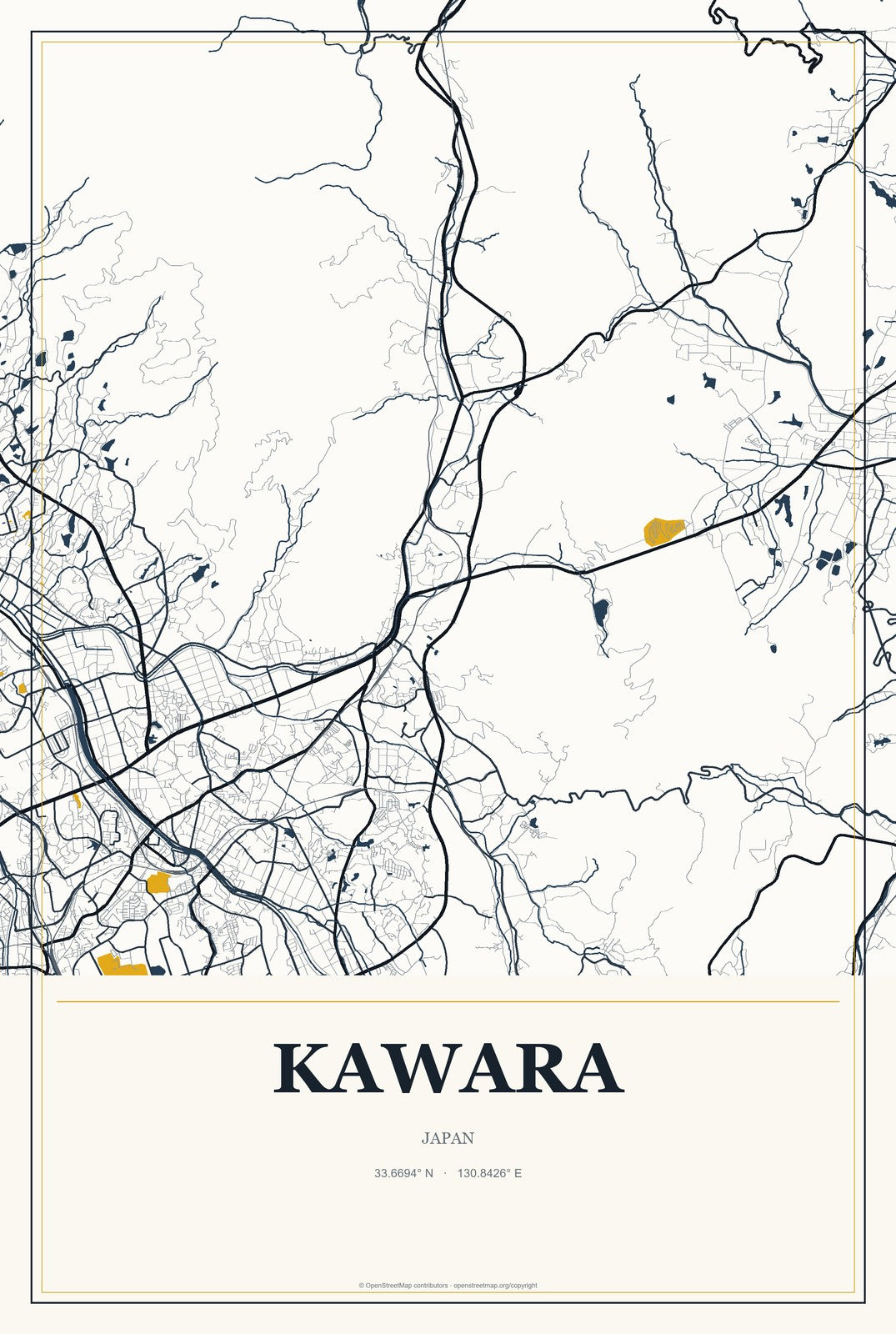 Kawara, Japan City Map Aluminum Sign in Citrine Modern style