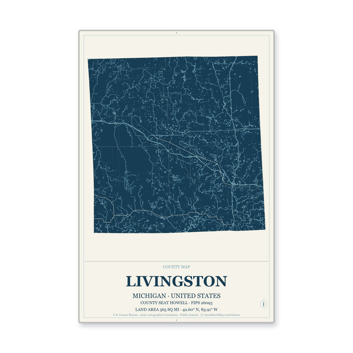 Livingston County, Michigan Map Aluminum Sign in Coastal Cutout style