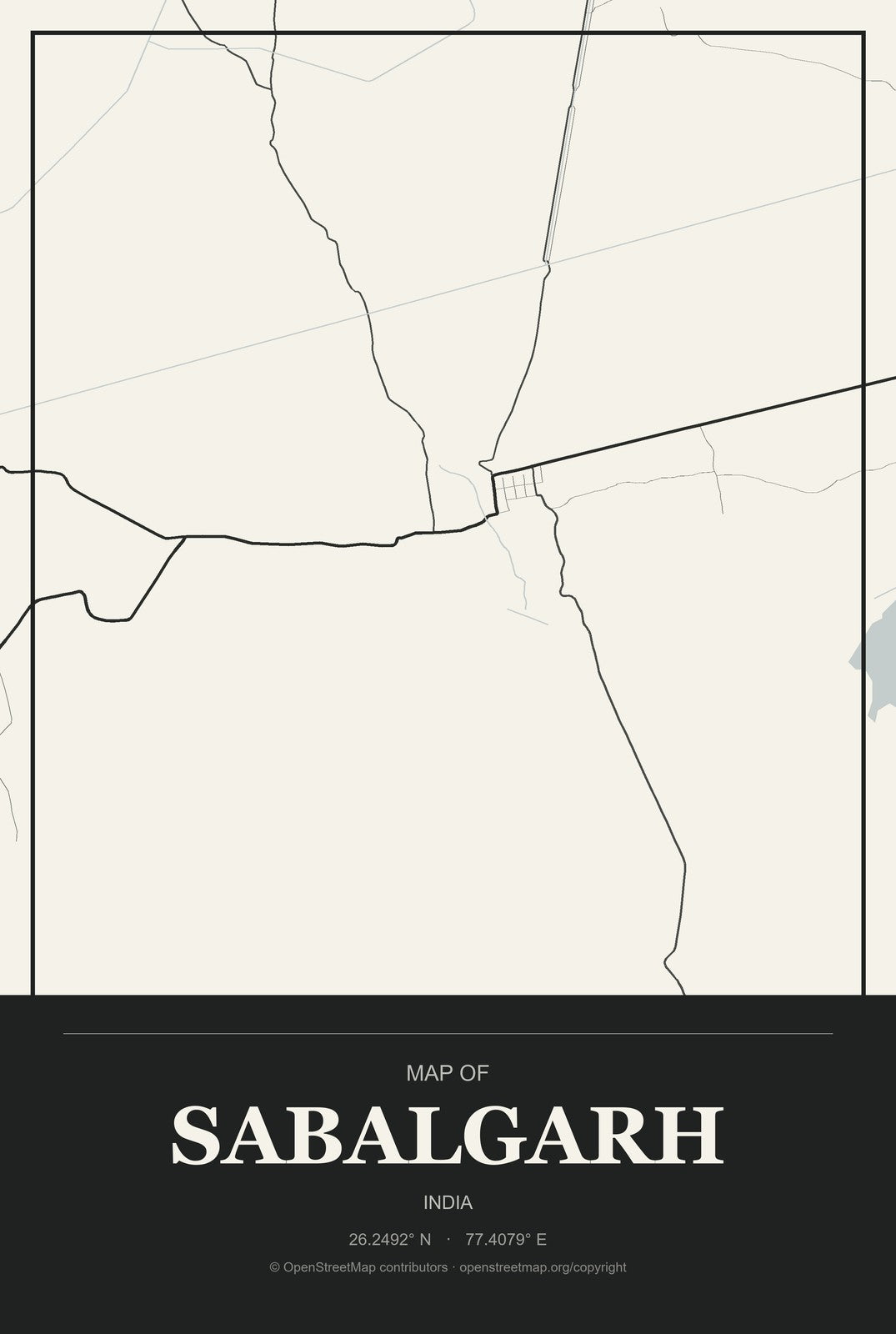 Sabalgarh, India City Map Aluminum Sign in Museum Plaque style