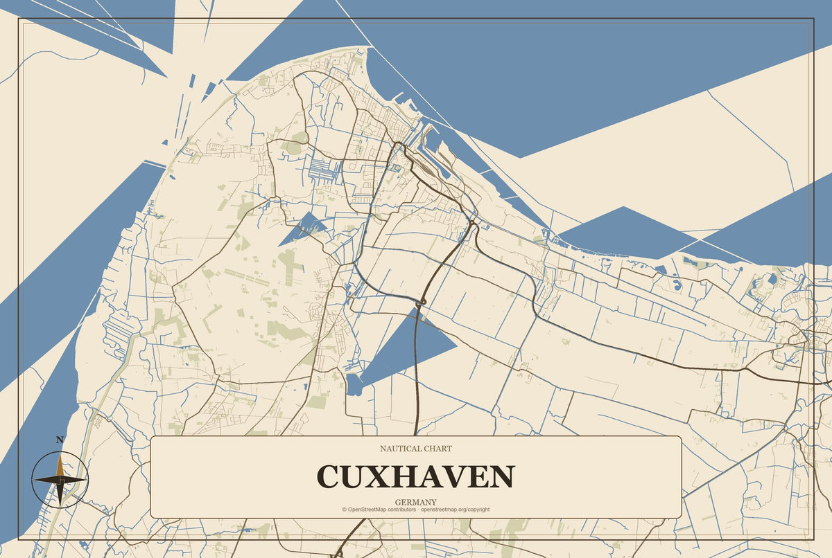 Cuxhaven, Germany City Map Aluminum Sign in Heritage Nautical style