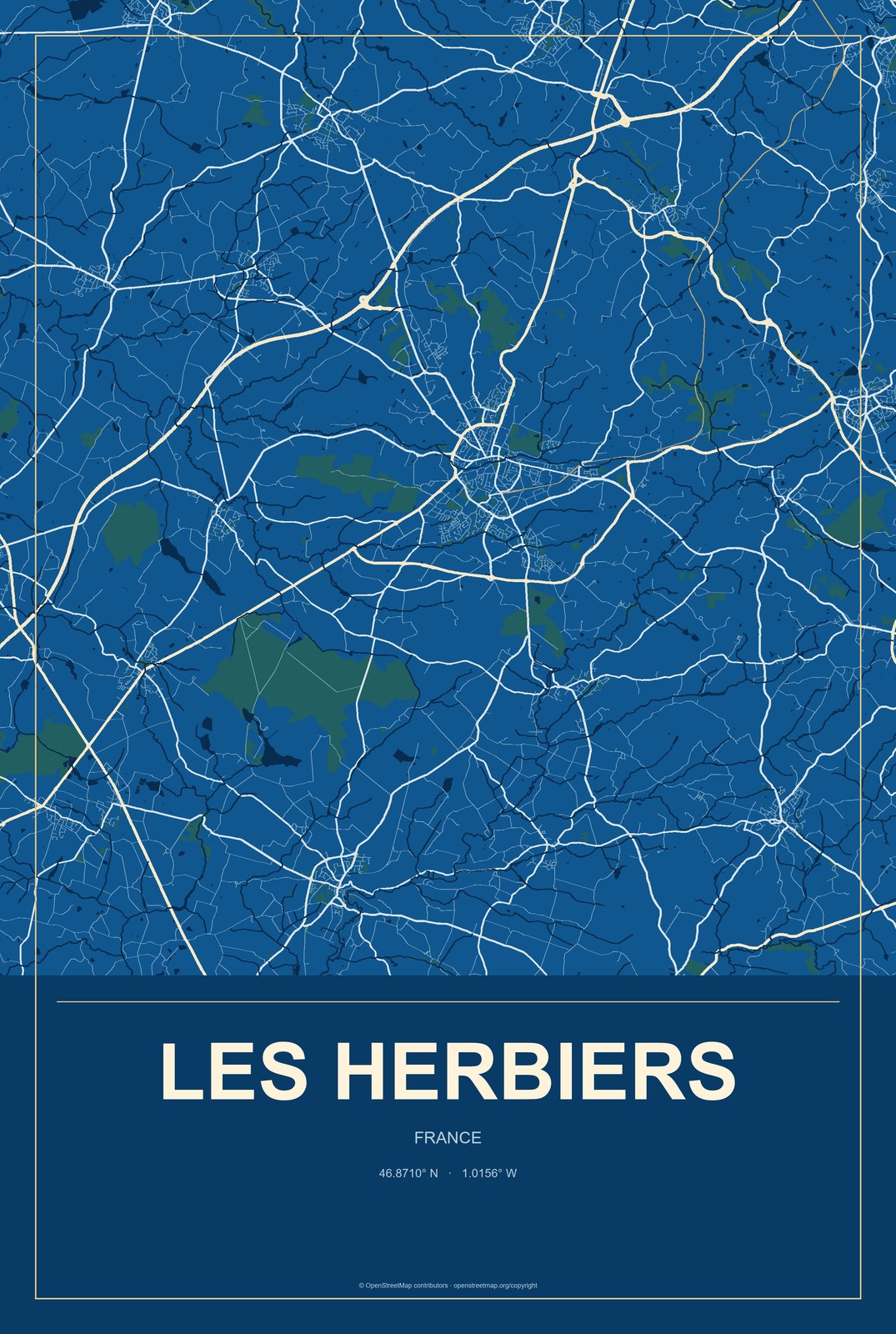 Les Herbiers, France City Map Aluminum Sign in Harbor Cobalt style