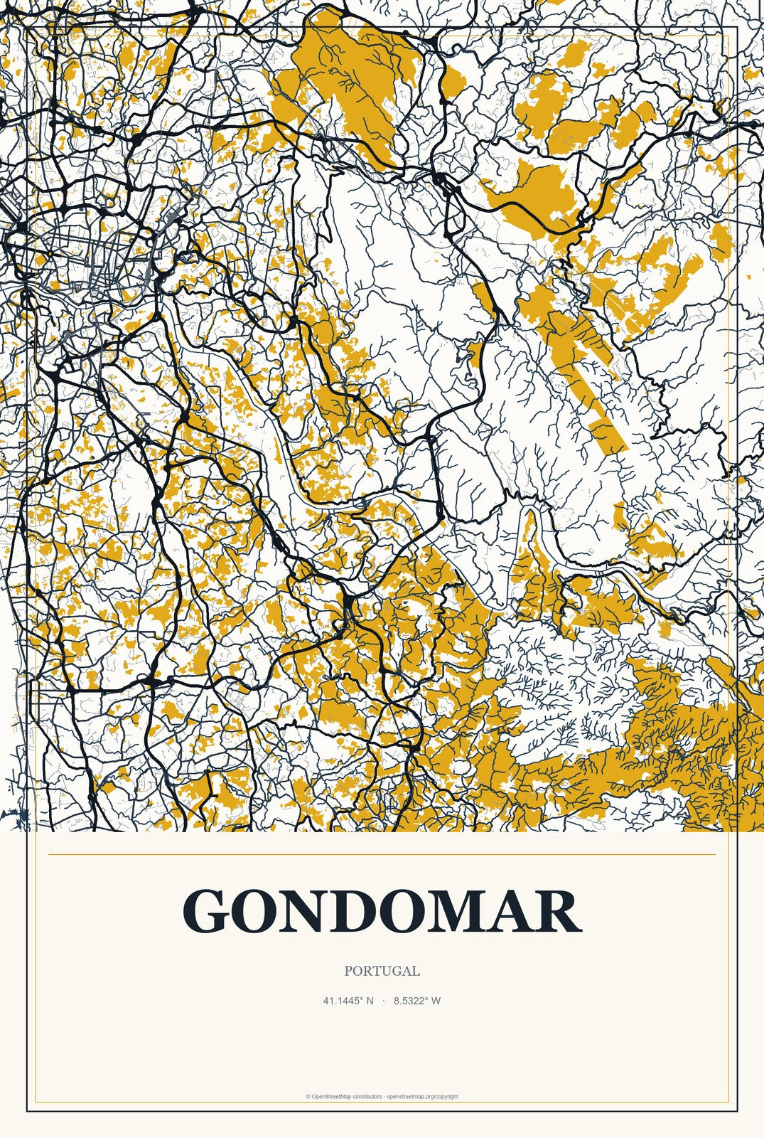 Gondomar, Portugal City Map Aluminum Sign in Citrine Modern style