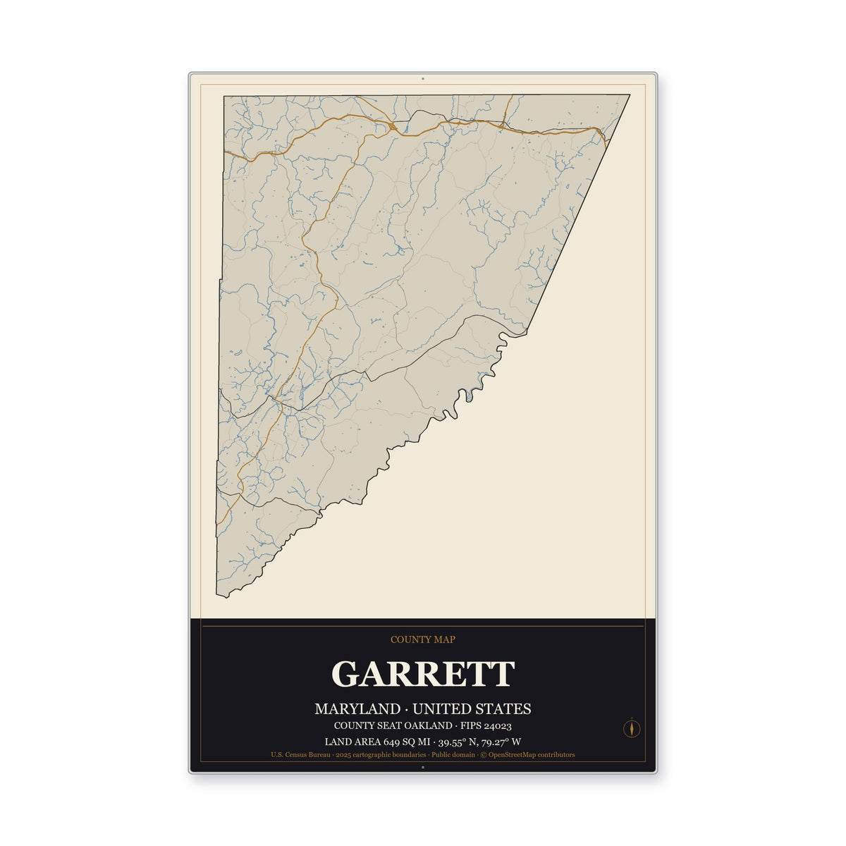 Garrett County, Maryland Map Aluminum Sign in Museum Plaque style