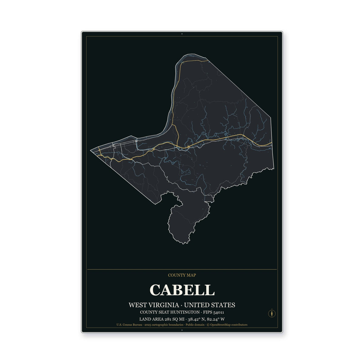 Cabell County, West Virginia Map Aluminum Sign in Metropolitan Noir style
