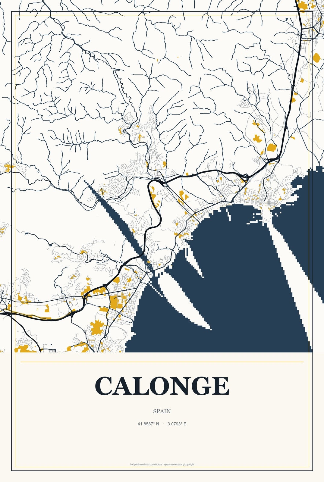 Calonge, Spain City Map Aluminum Sign in Citrine Modern style