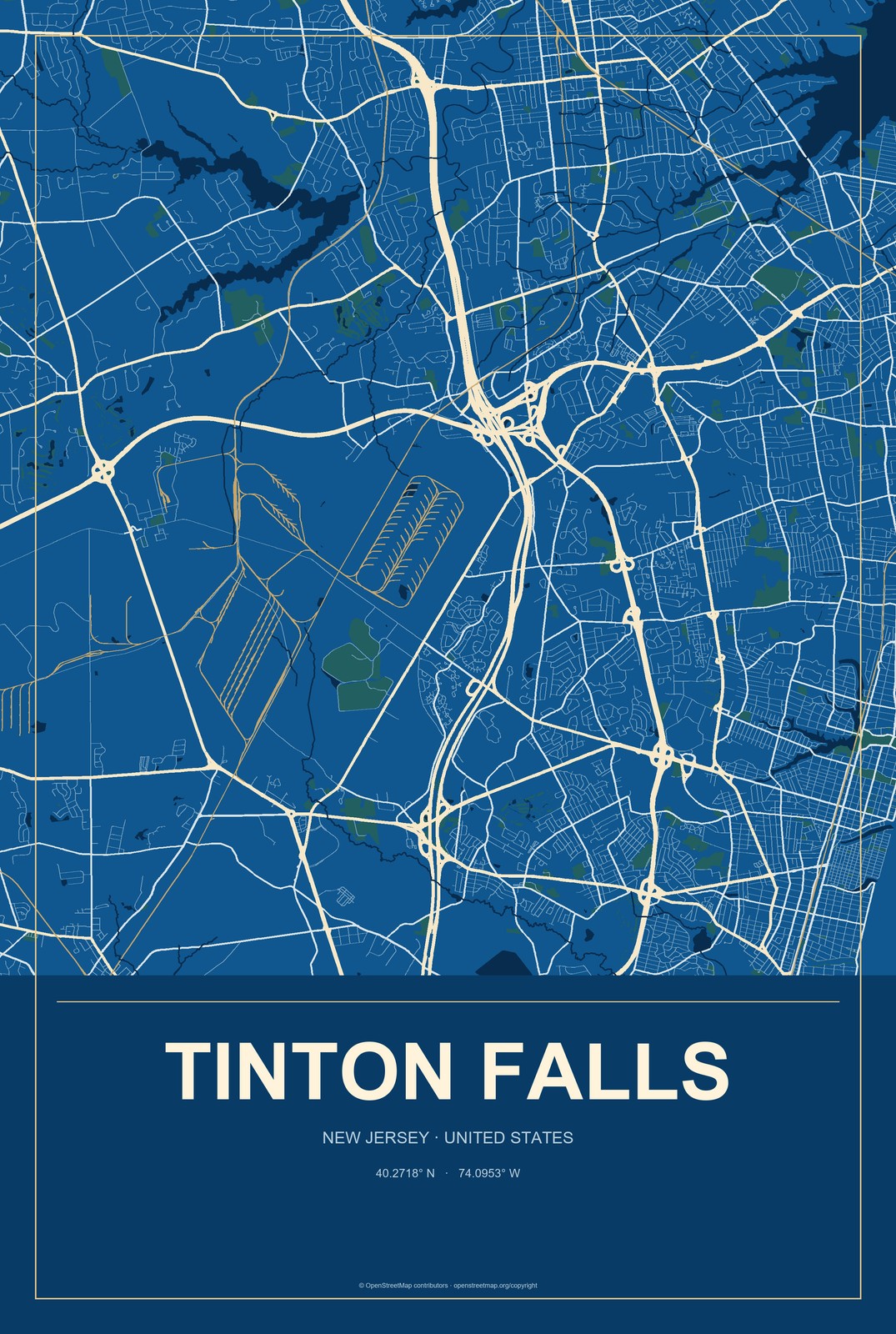 Tinton Falls, New Jersey City Map Aluminum Sign in Harbor Cobalt style