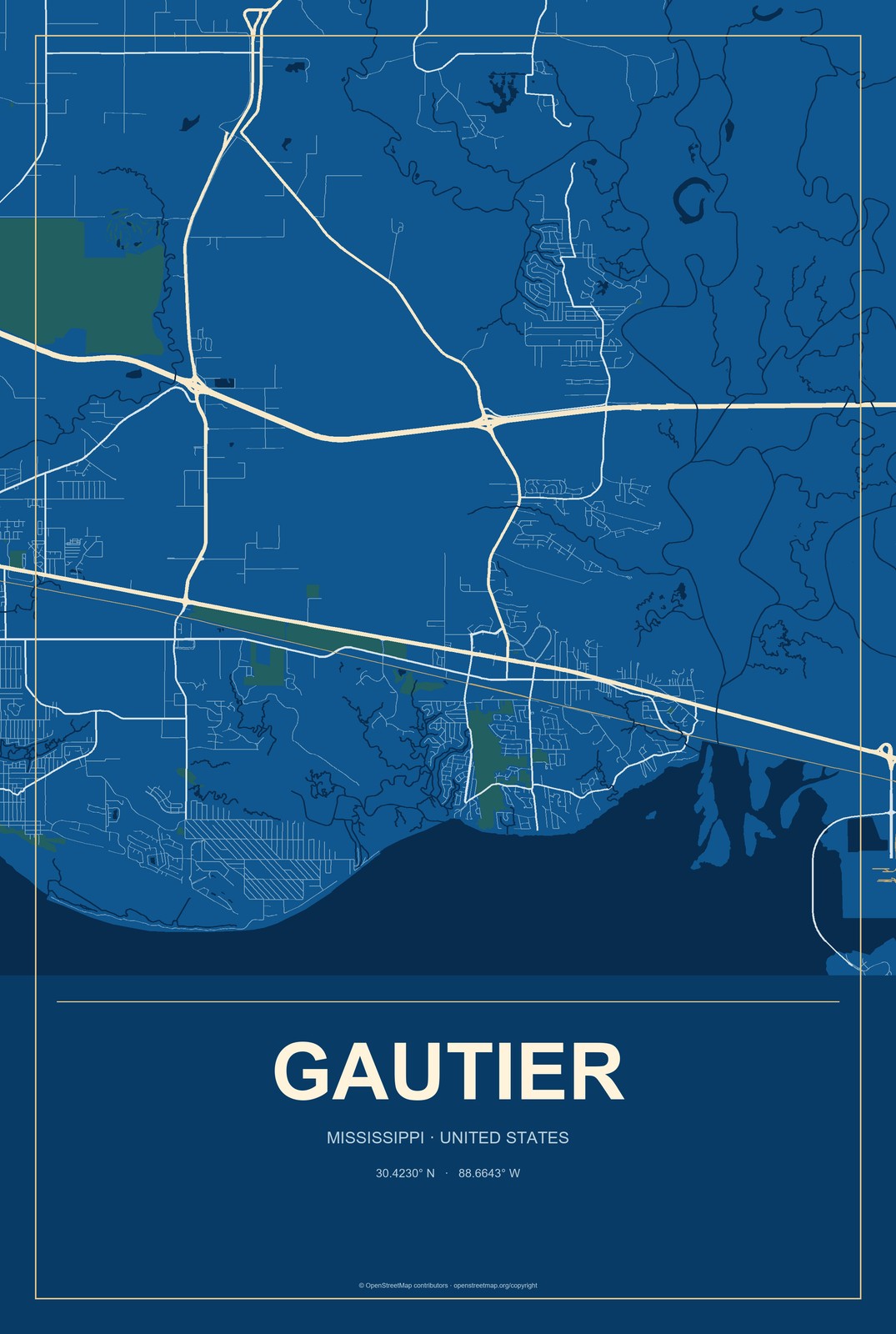Gautier, Mississippi City Map Aluminum Sign in Harbor Cobalt style