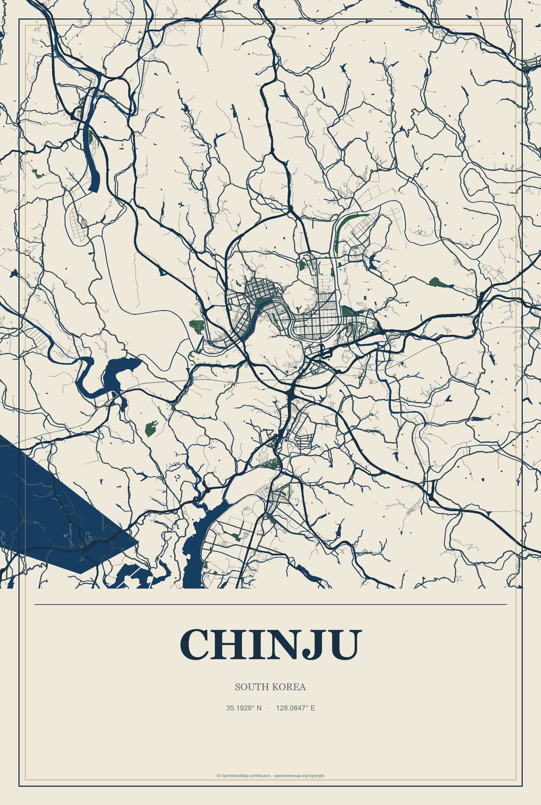 Chinju, South Korea City Map Aluminum Sign in Coastal Cutout style