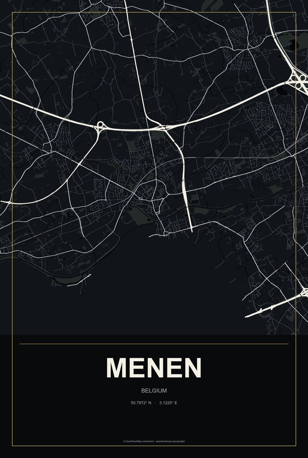 Menen, Belgium City Map Aluminum Sign in Metropolitan Noir style