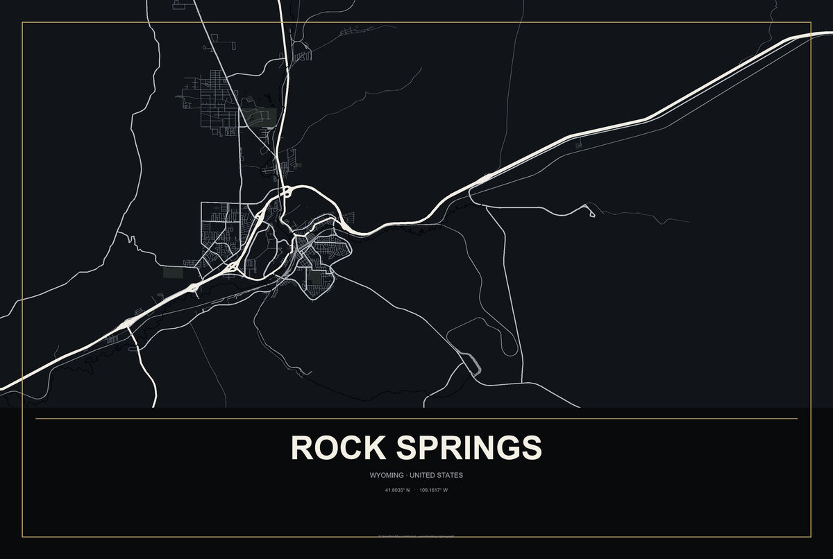 Rock Springs, Wyoming City Map Aluminum Sign in Metropolitan Noir style