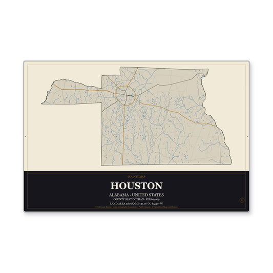 Houston County, Alabama Map Aluminum Sign in Museum Plaque style