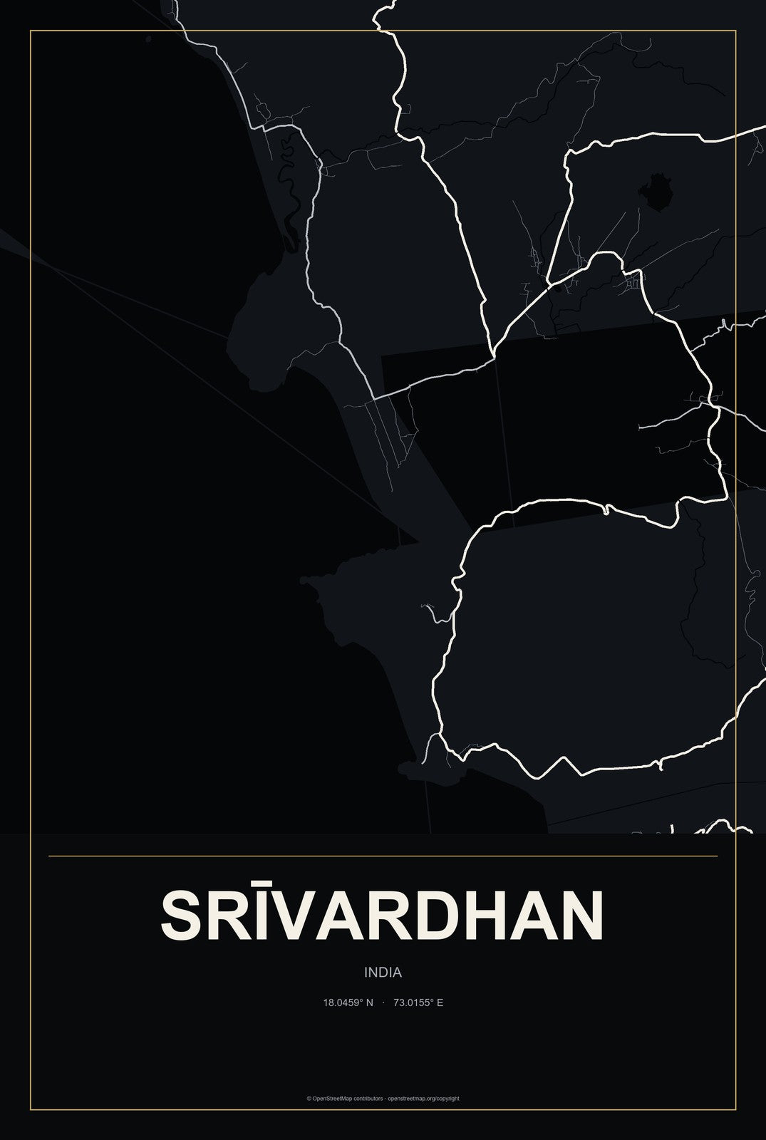 Srīvardhan, India City Map Aluminum Sign in Metropolitan Noir style