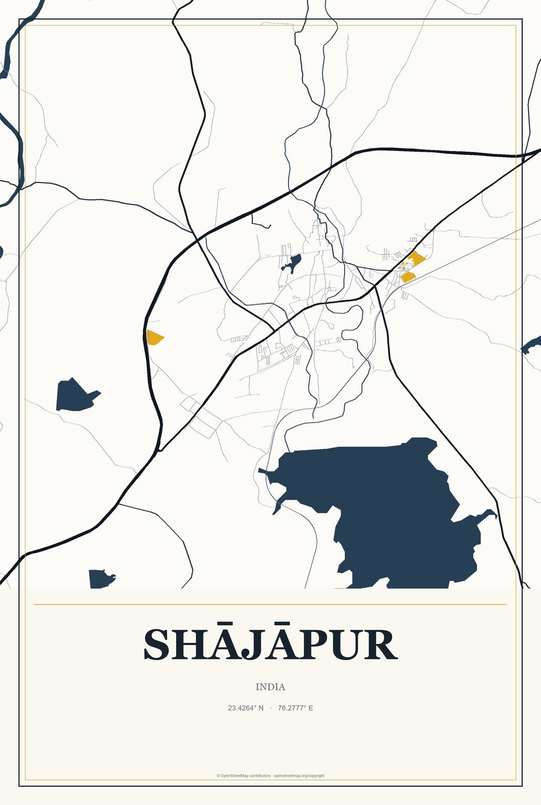 Shājāpur, India City Map Aluminum Sign in Citrine Modern style