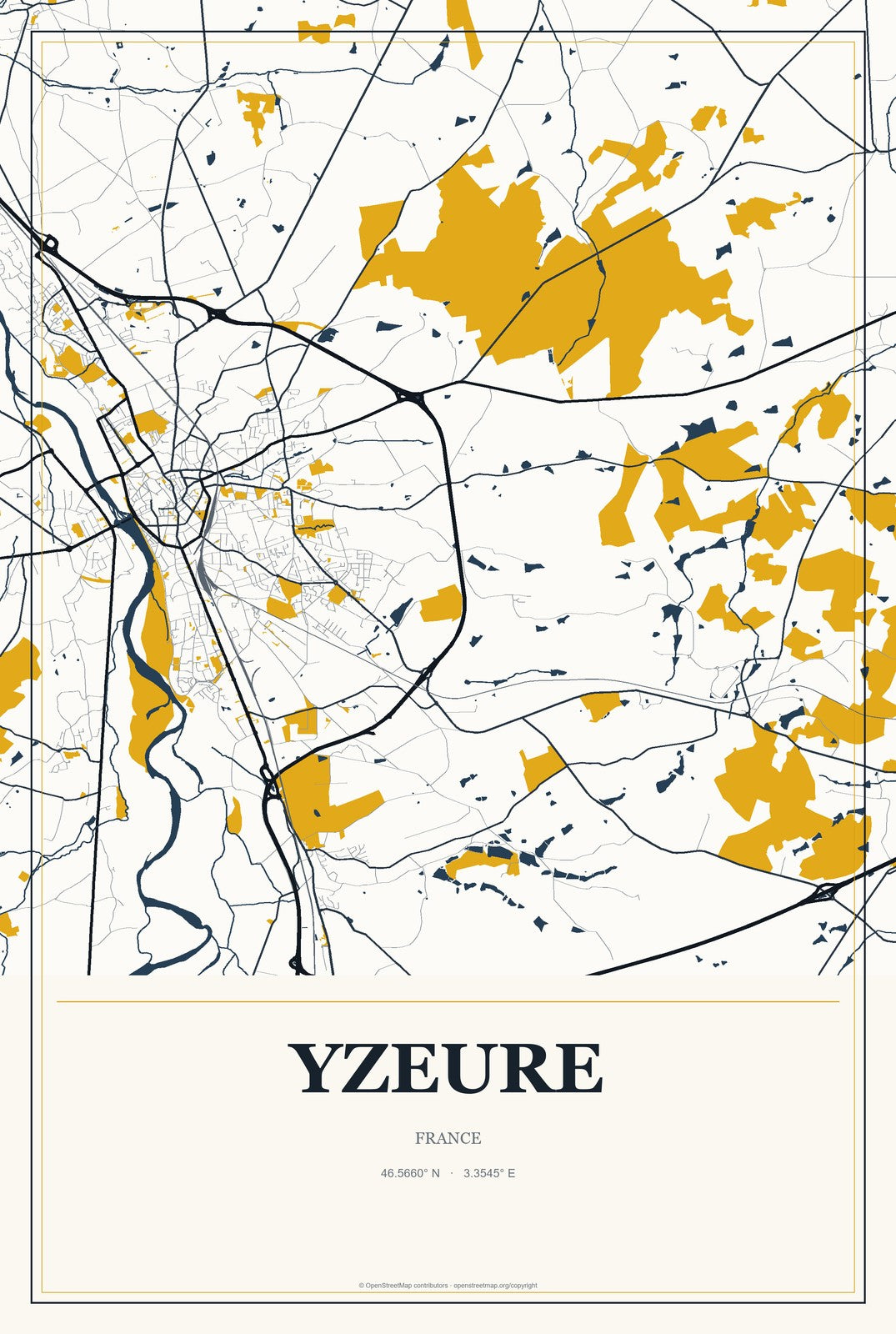 Yzeure, France City Map Aluminum Sign in Citrine Modern style