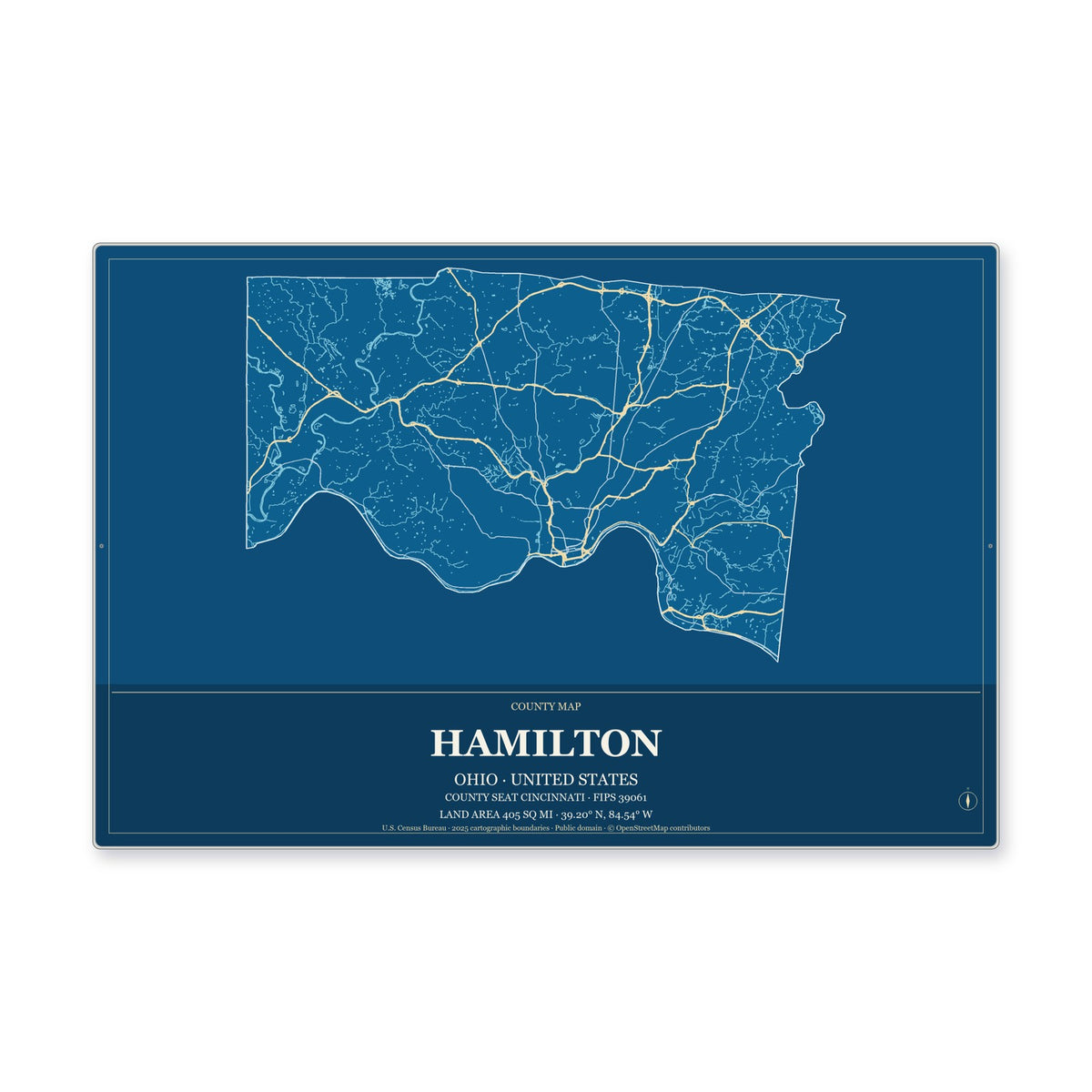Hamilton County, Ohio Map Aluminum Sign in Harbor Cobalt style
