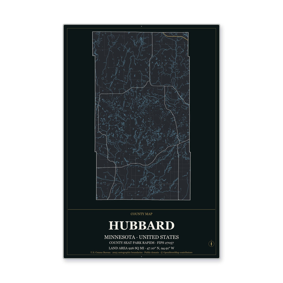 Hubbard County, Minnesota Map Aluminum Sign in Metropolitan Noir style