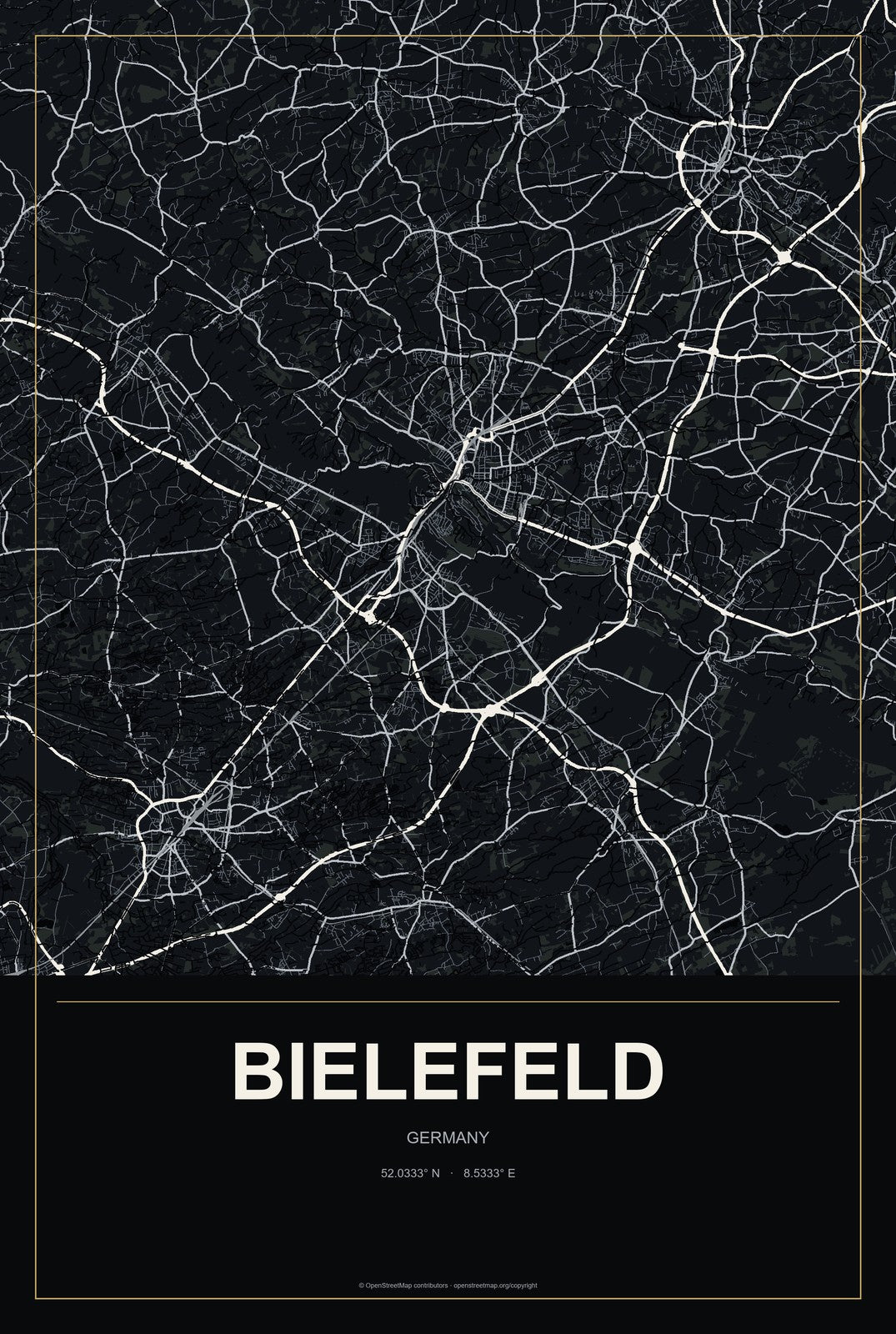 Bielefeld, Germany City Map Aluminum Sign in Metropolitan Noir style