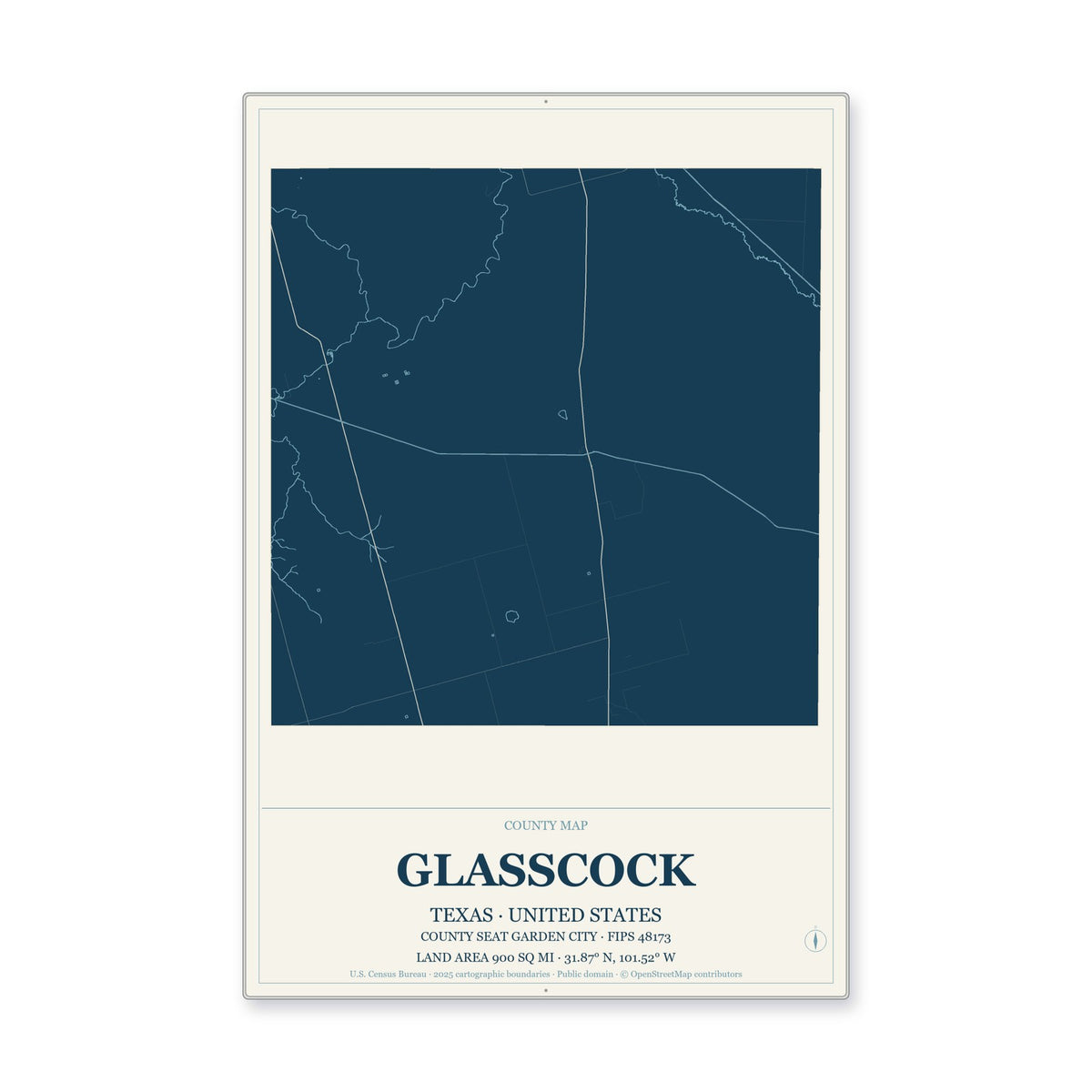 Glasscock County, Texas Map Aluminum Sign in Coastal Cutout style