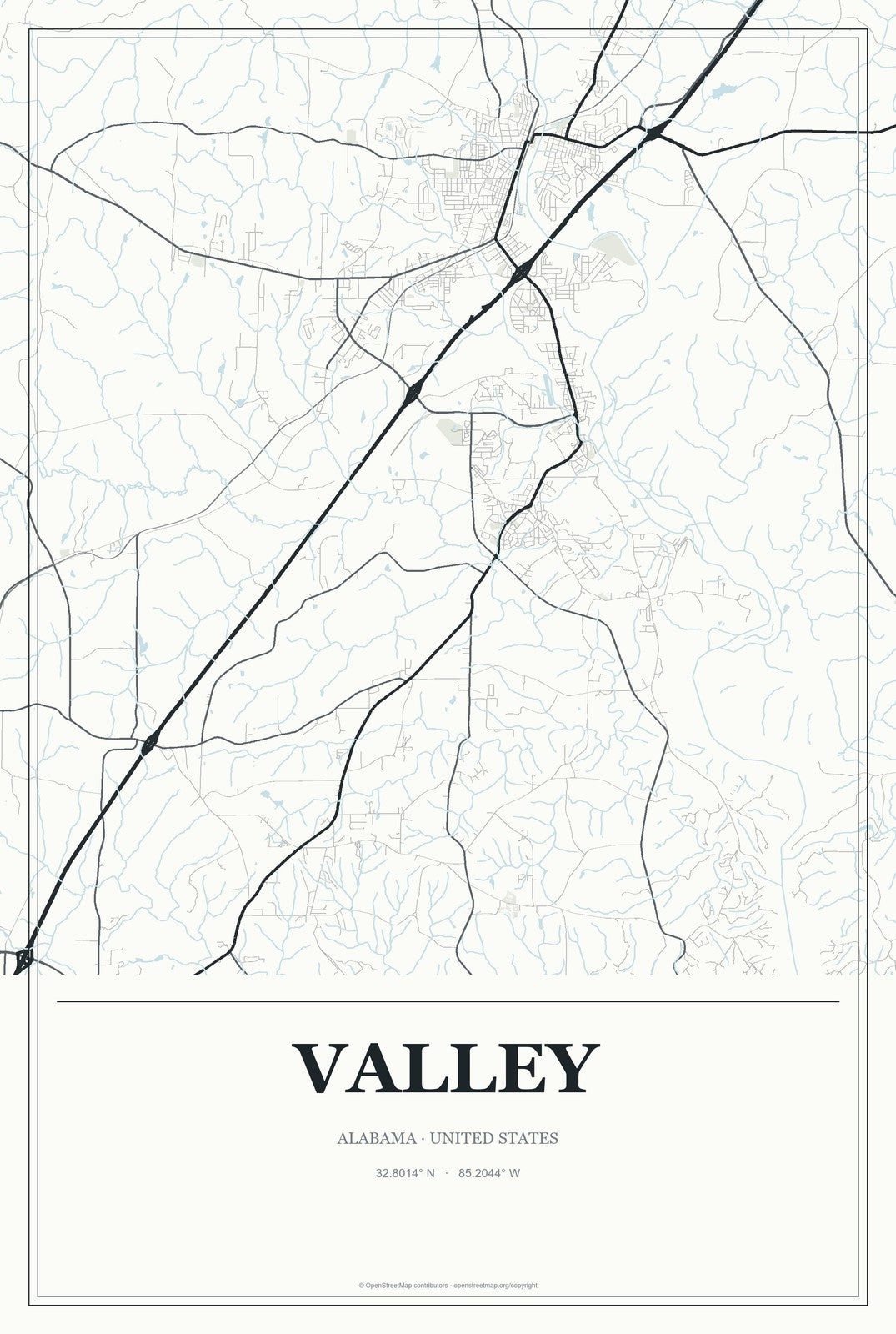 Valley, Alabama City Map Aluminum Sign in Gallery Air style