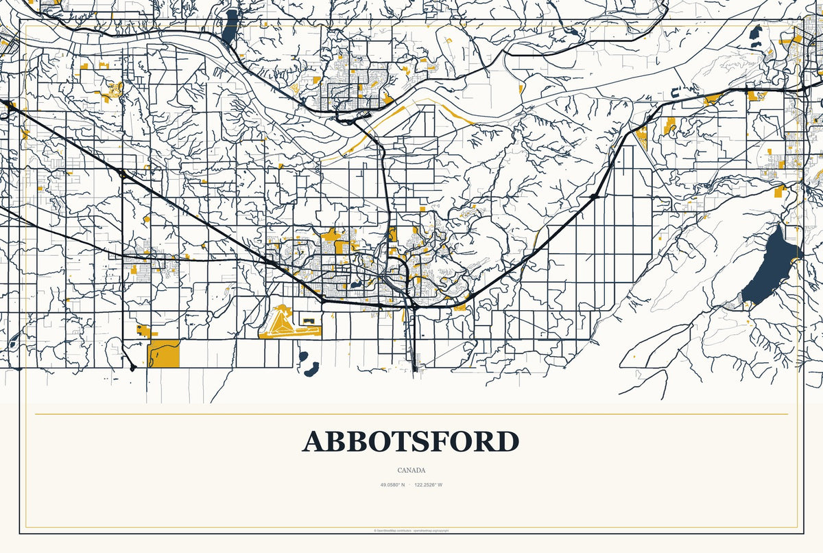 Abbotsford, Canada City Map Aluminum Sign in Citrine Modern style