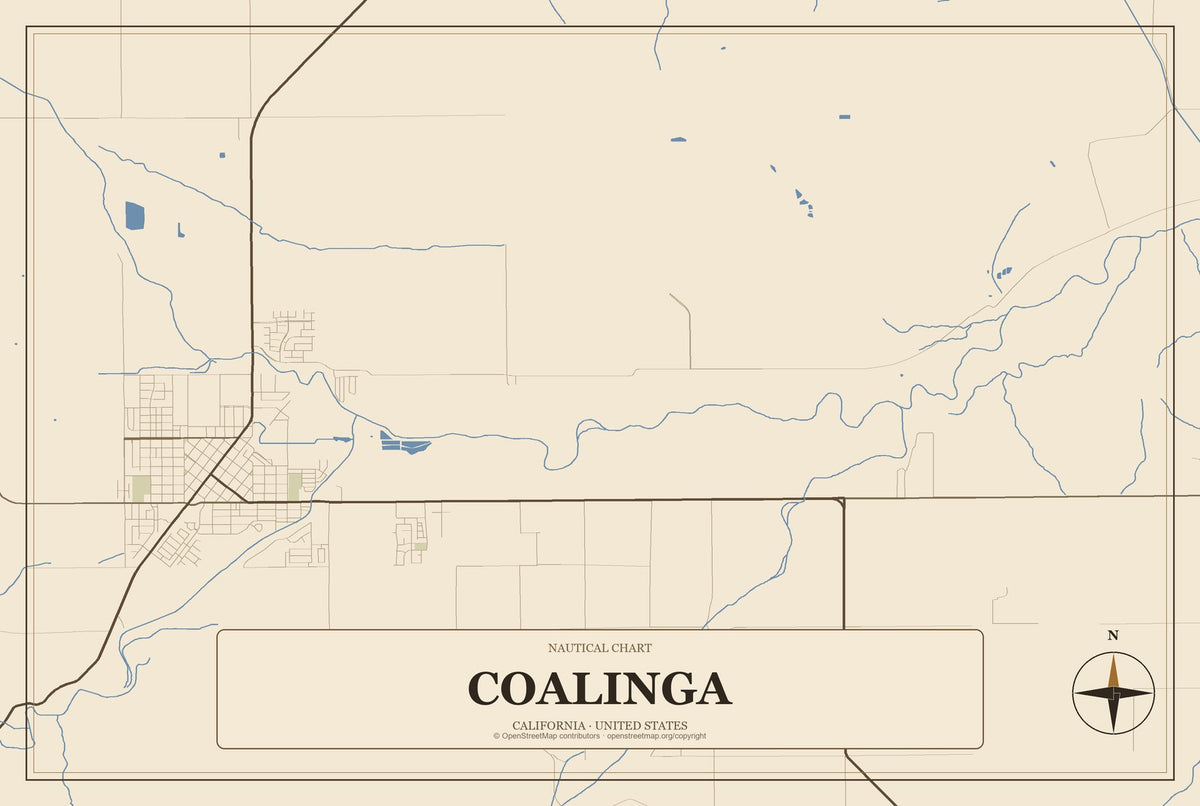 Coalinga, California City Map Aluminum Sign in Heritage Nautical style