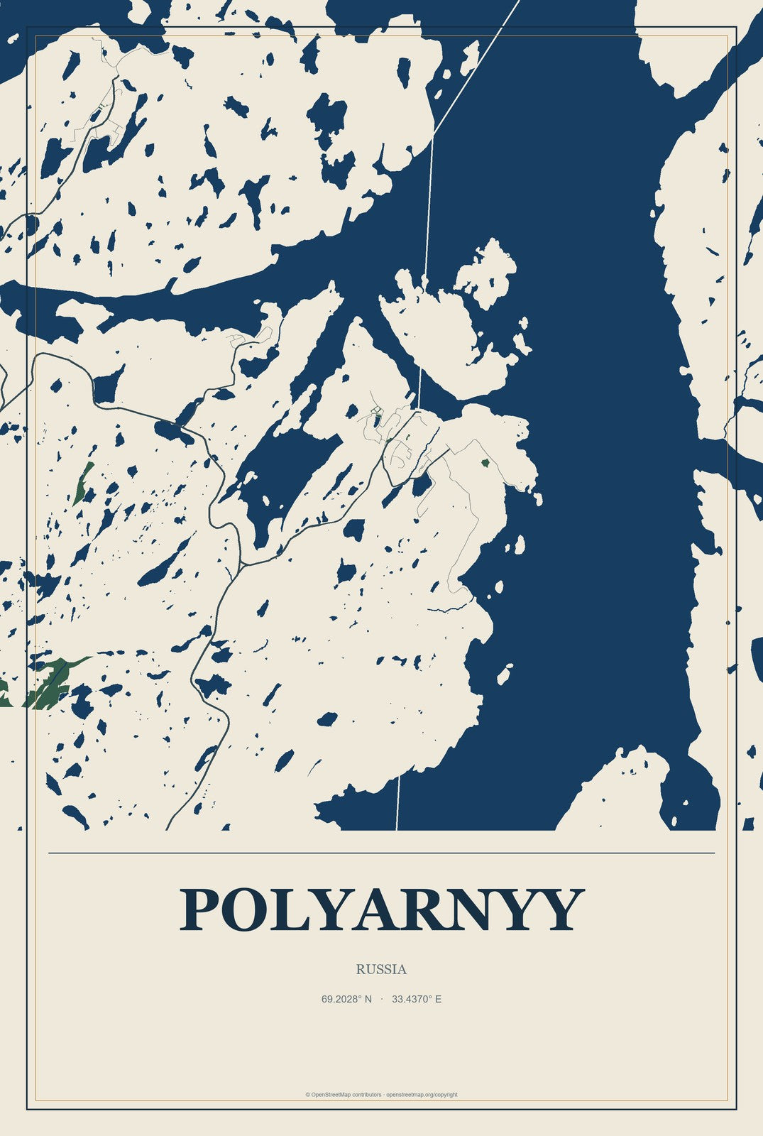 Polyarnyy, Russia City Map Aluminum Sign in Coastal Cutout style