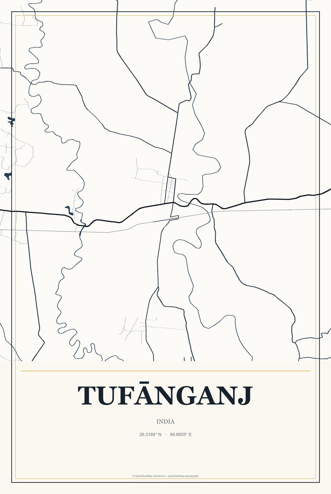Tufānganj, India City Map Aluminum Sign in Citrine Modern style