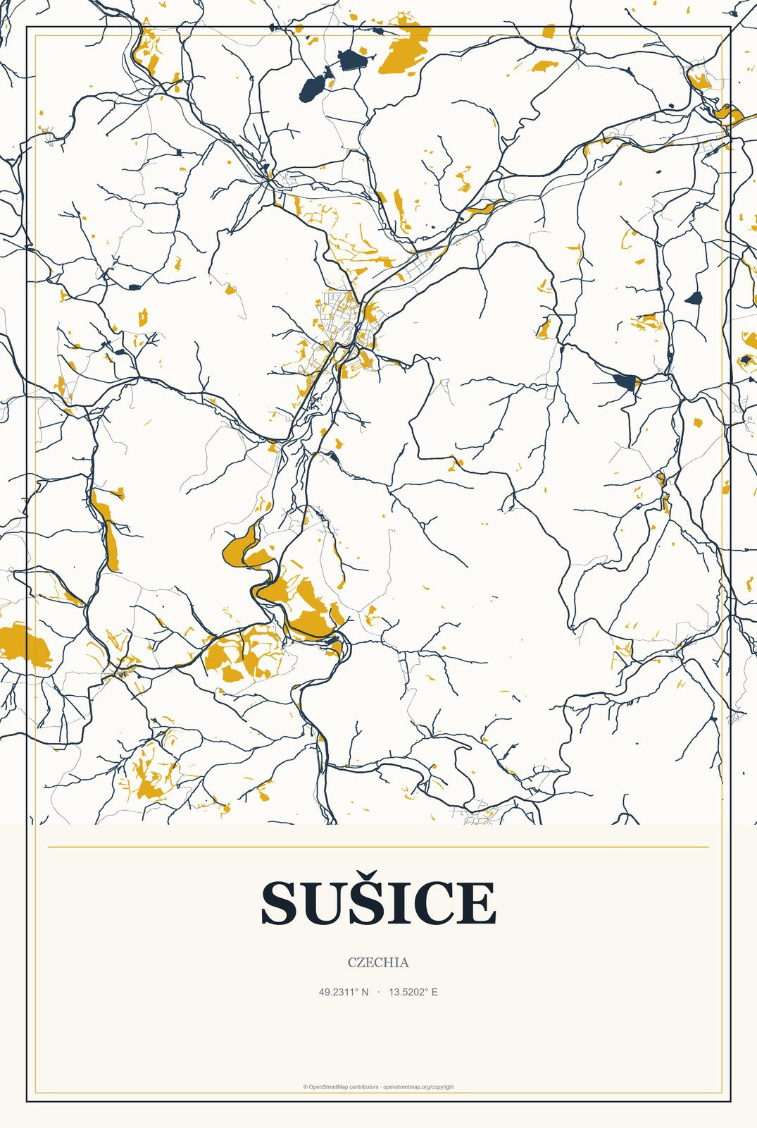 Sušice, Czechia City Map Aluminum Sign in Citrine Modern style