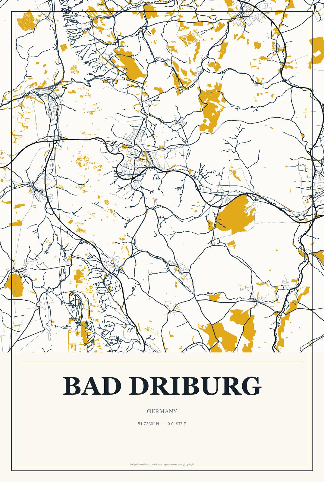 Bad Driburg, Germany City Map Aluminum Sign in Citrine Modern style
