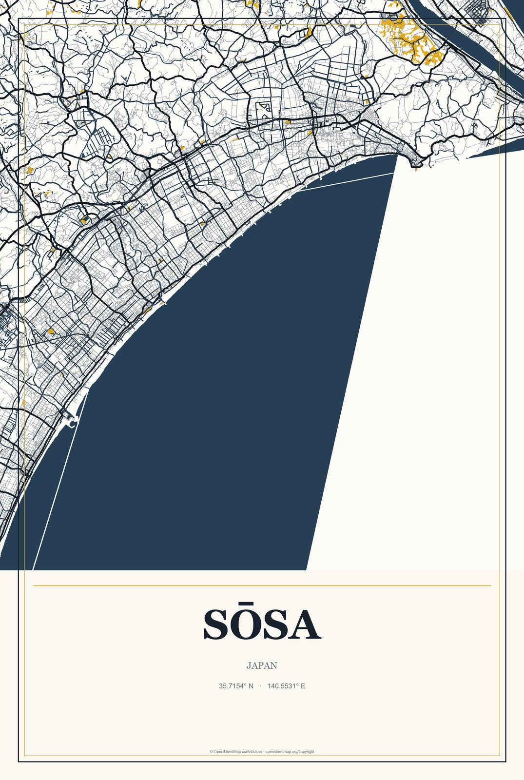 Sōsa, Japan City Map Aluminum Sign in Citrine Modern style