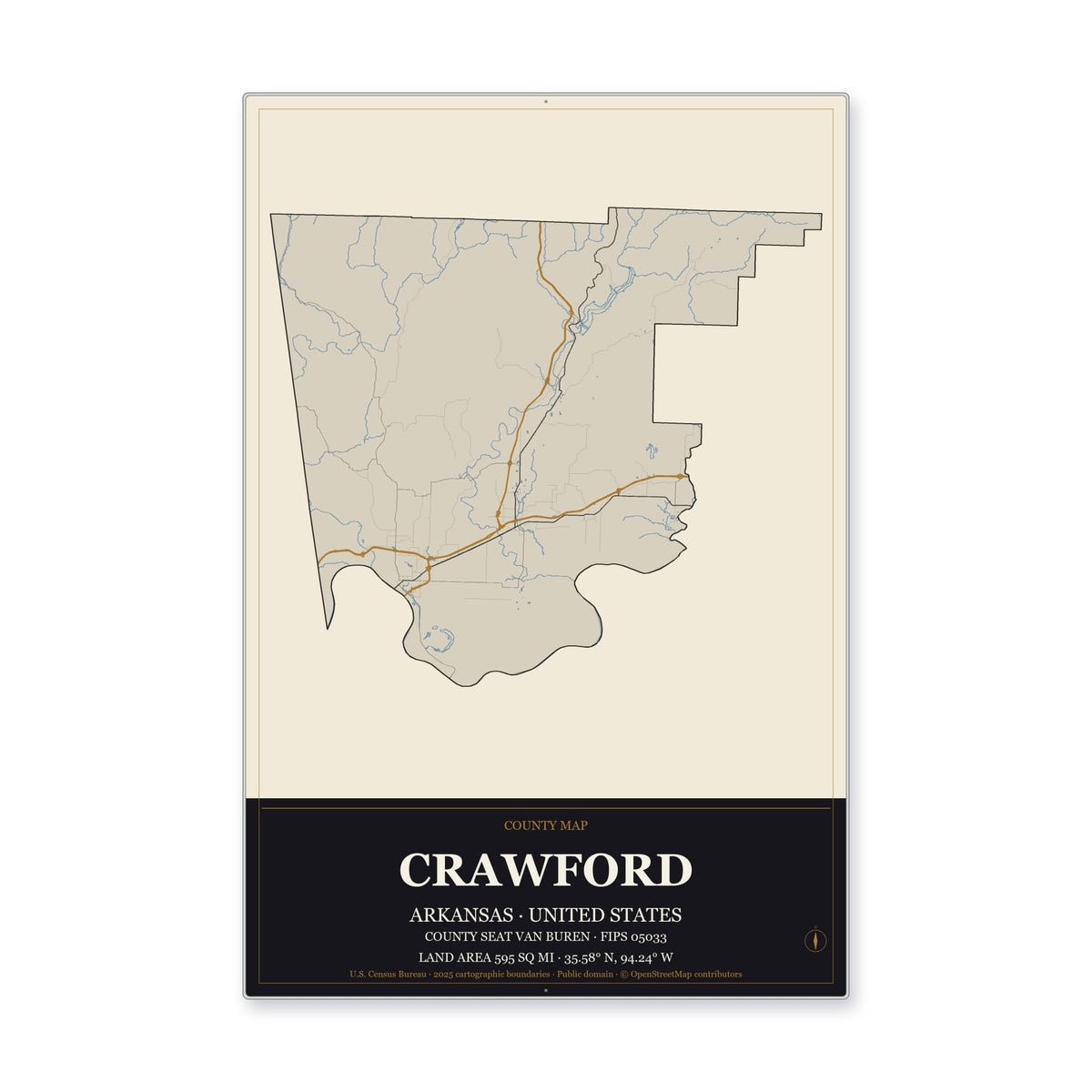 Crawford County, Arkansas Map Aluminum Sign in Museum Plaque style