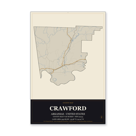 Crawford County, Arkansas Map Aluminum Sign in Museum Plaque style