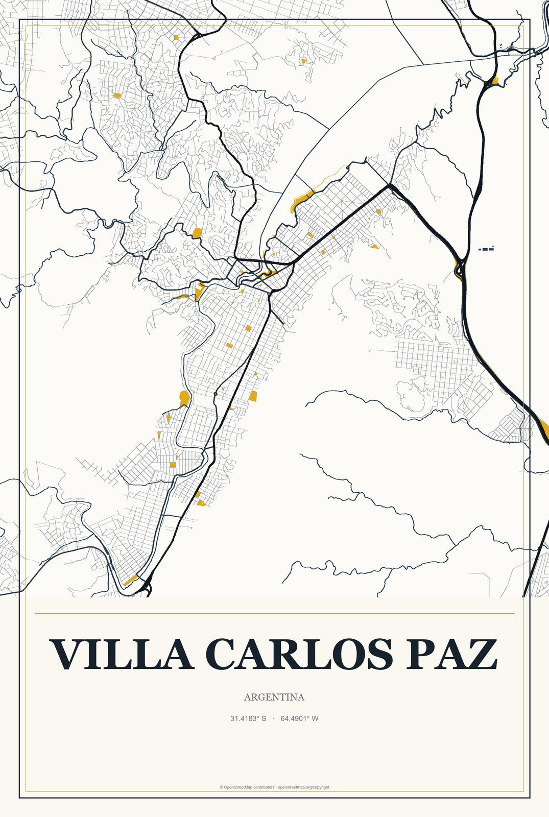 Villa Carlos Paz, Argentina City Map Aluminum Sign in Citrine Modern style