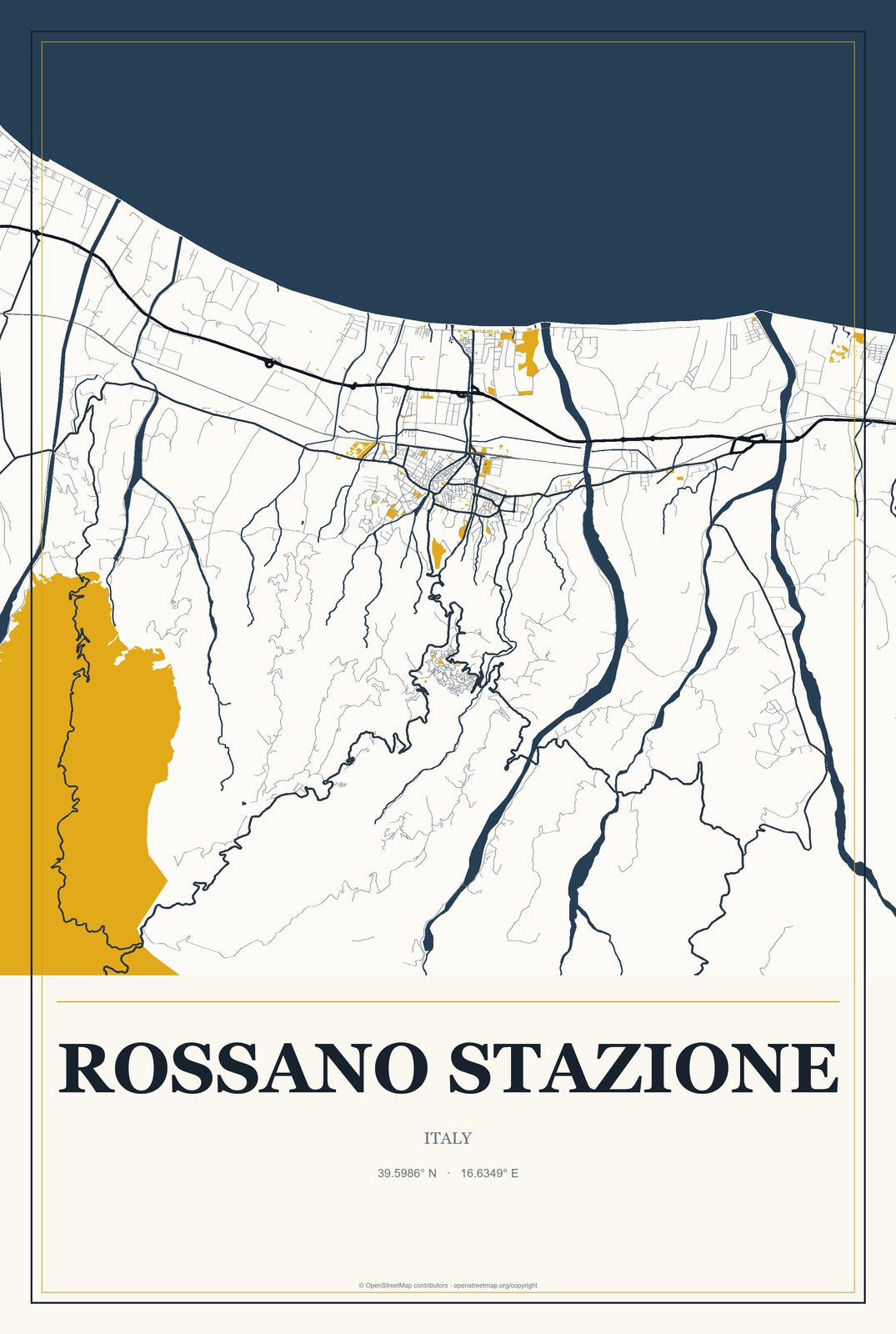 Rossano Stazione, Italy City Map Aluminum Sign in Citrine Modern style