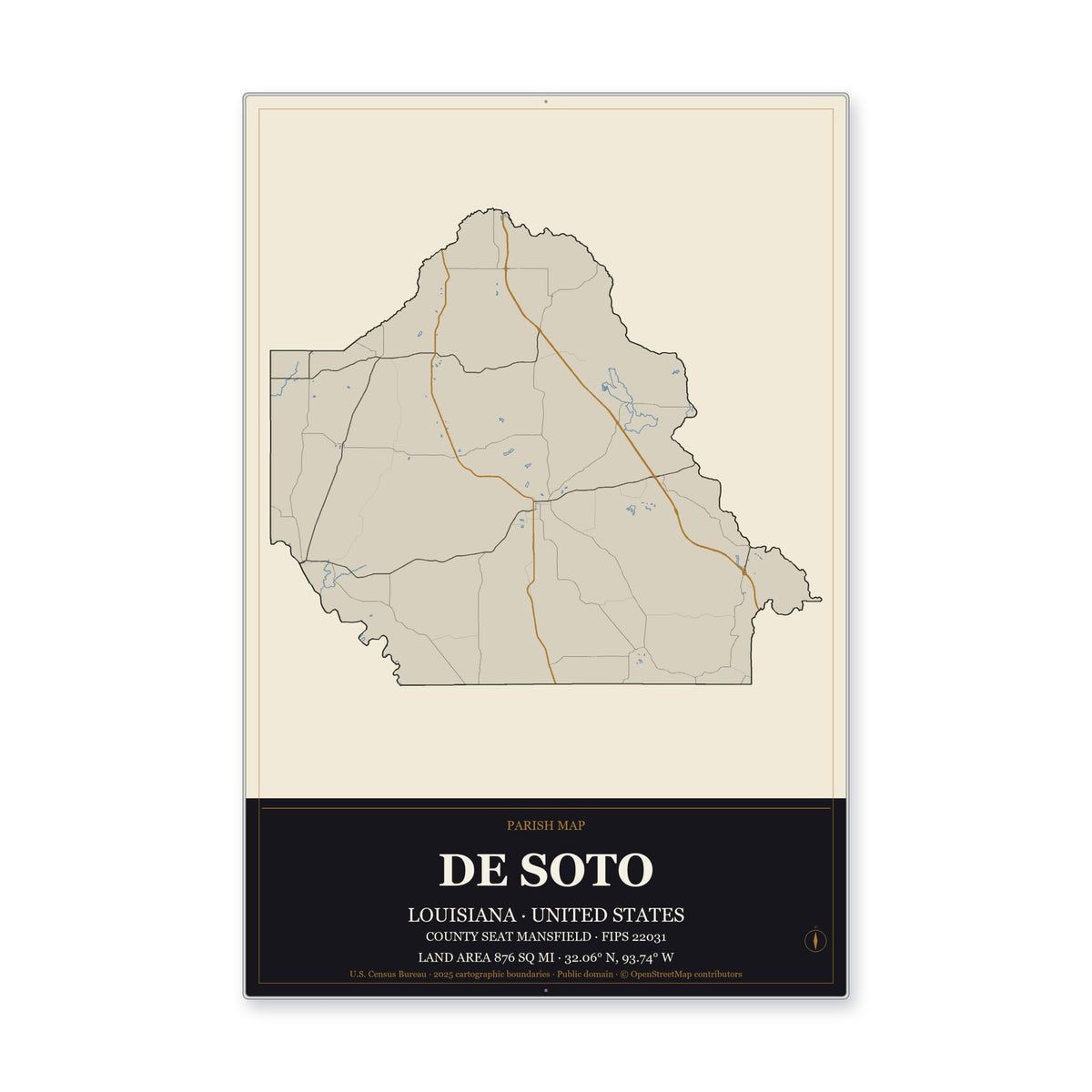 De Soto Parish, Louisiana Map Aluminum Sign in Museum Plaque style