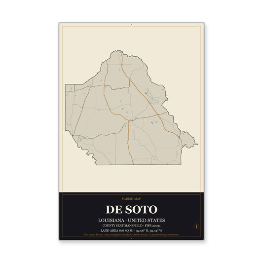 De Soto Parish, Louisiana Map Aluminum Sign in Museum Plaque style