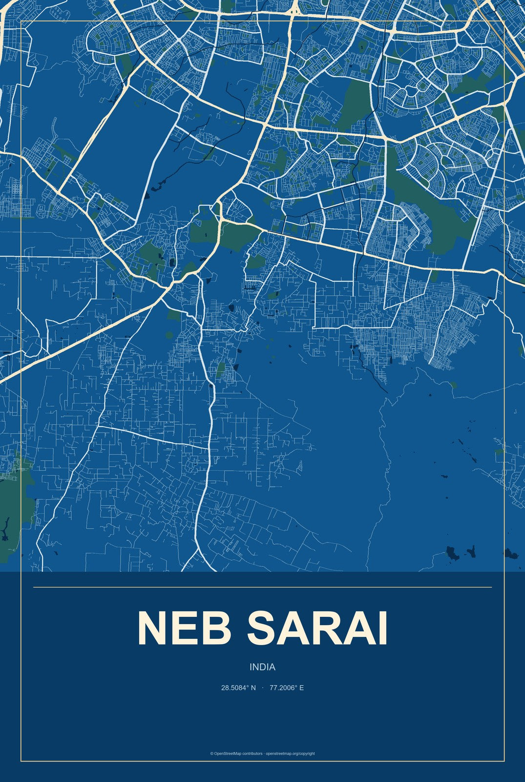 Neb Sarai, India City Map Aluminum Sign in Harbor Cobalt style