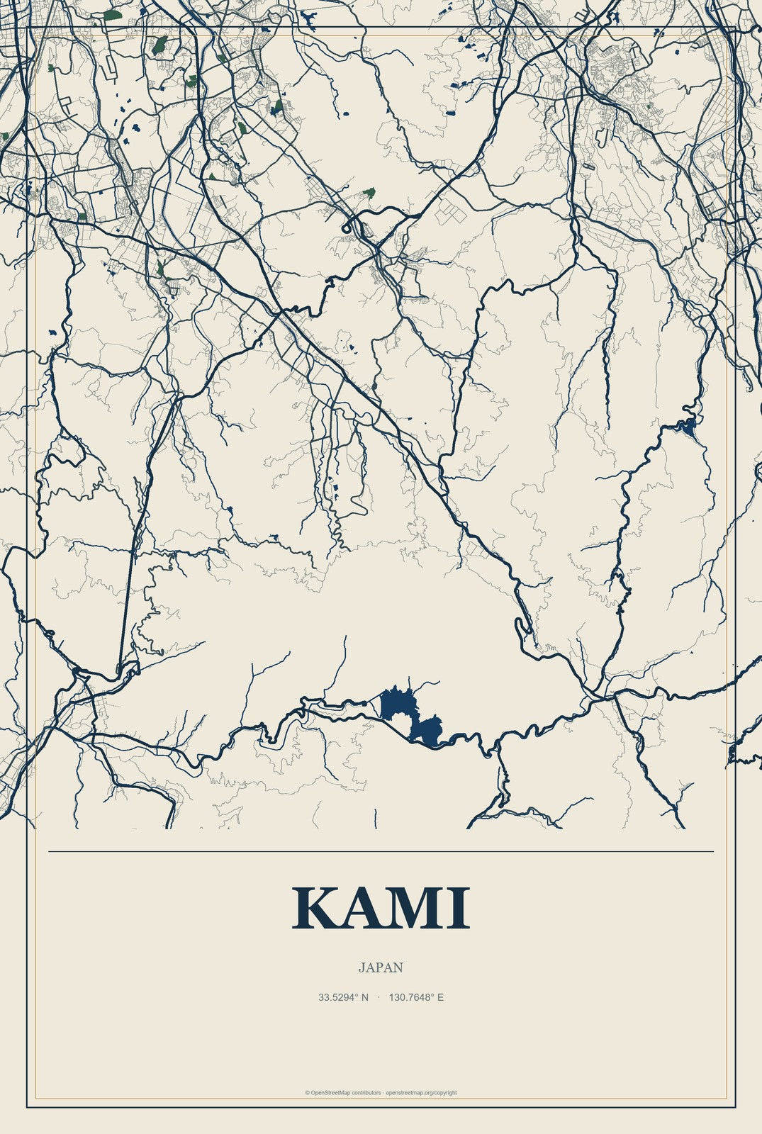 Kami, Japan City Map Aluminum Sign in Coastal Cutout style