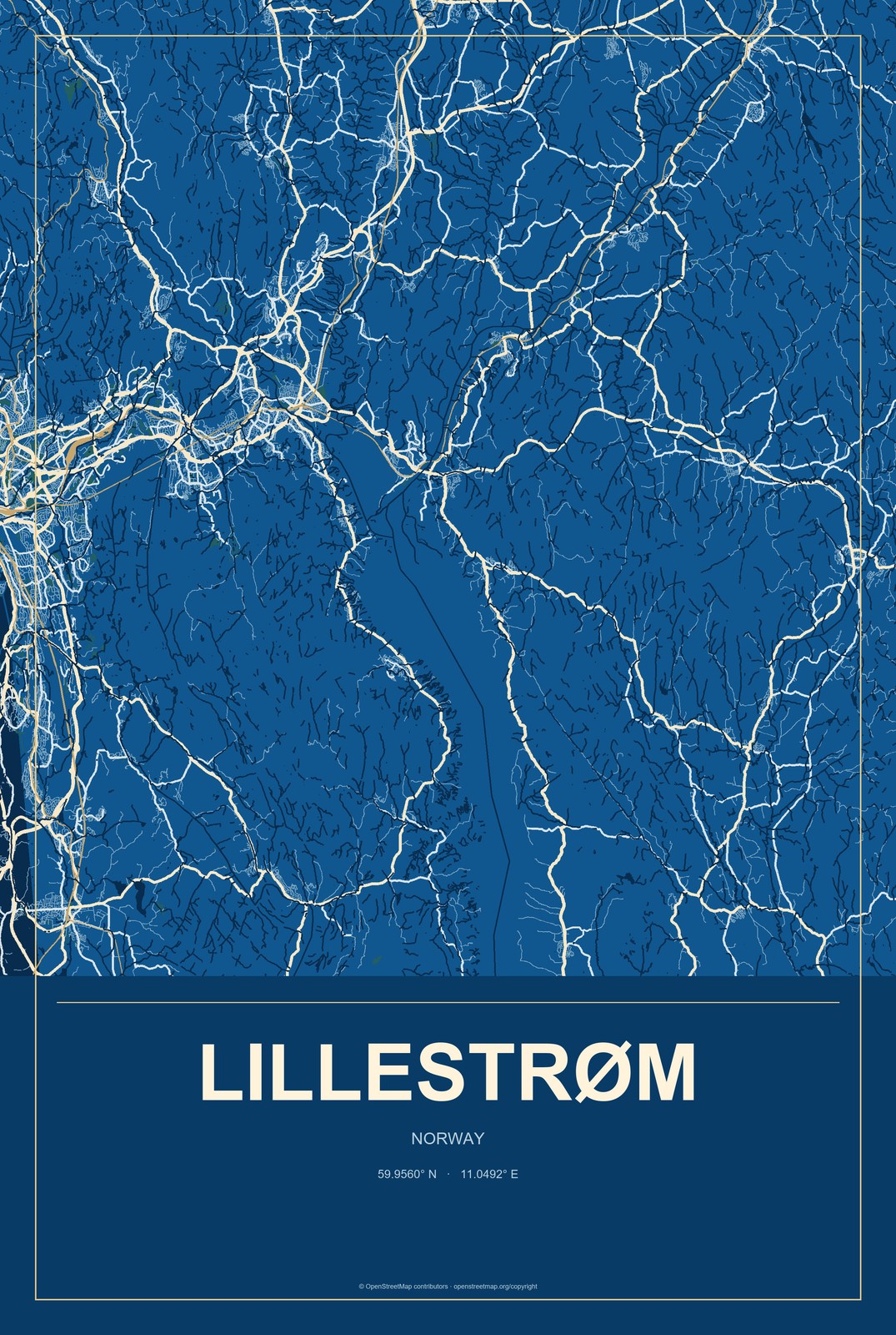 Lillestrøm, Norway City Map Aluminum Sign in Harbor Cobalt style
